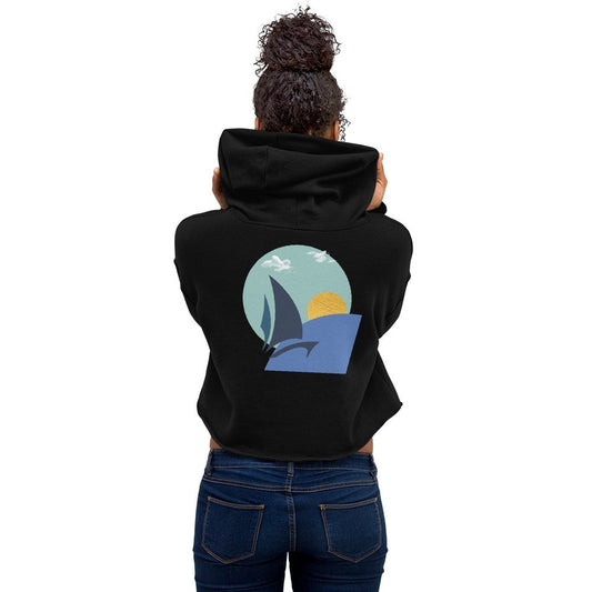 Daring Sunset Crop Hoodie in Black, women's back view on model