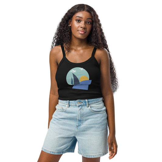 Daring Sunset Crop Tank Top in Solid Black Blend, front view on model