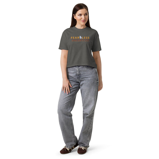 Inspired Fearless Boxy Tee in Pepper, women's front view on model