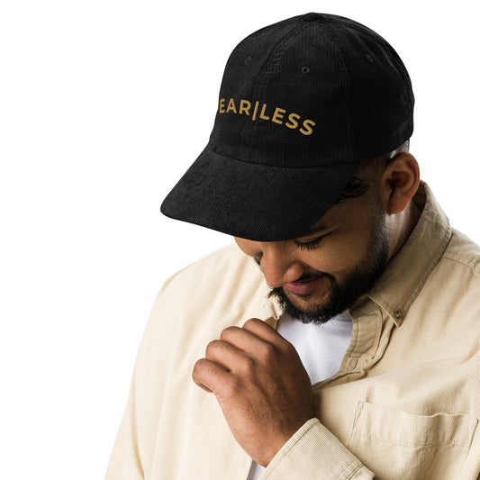 Inspired FearLess Vintage Corduroy Cap in Black, front view on model