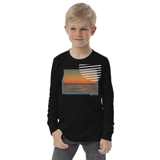 No Limits Take The Leap Kids Long-Sleeve T-Shirt in Black, front view on model