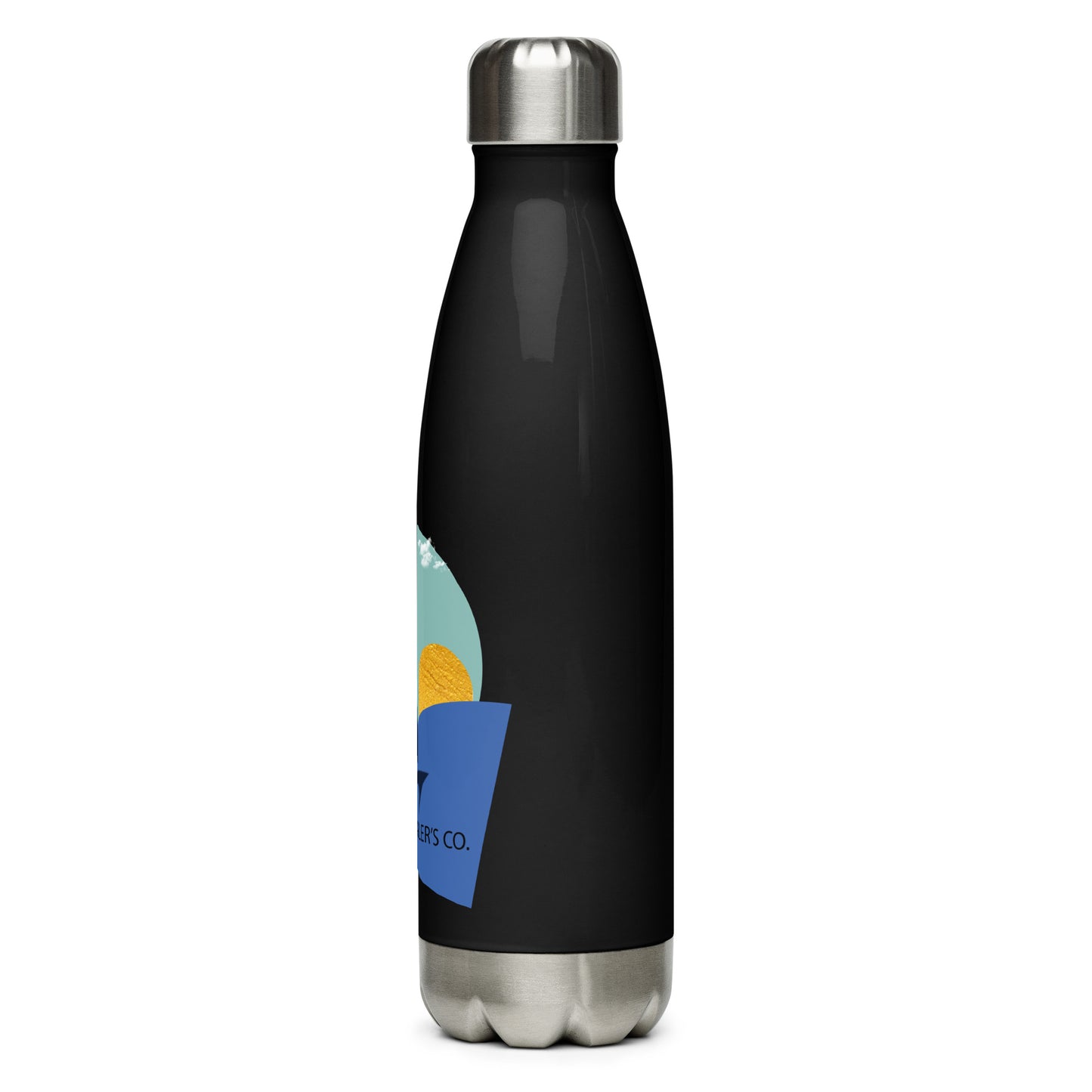 Daring Sunset stainless steel water bottle, sleek black design, insulated for hot and cold drinks on the go.