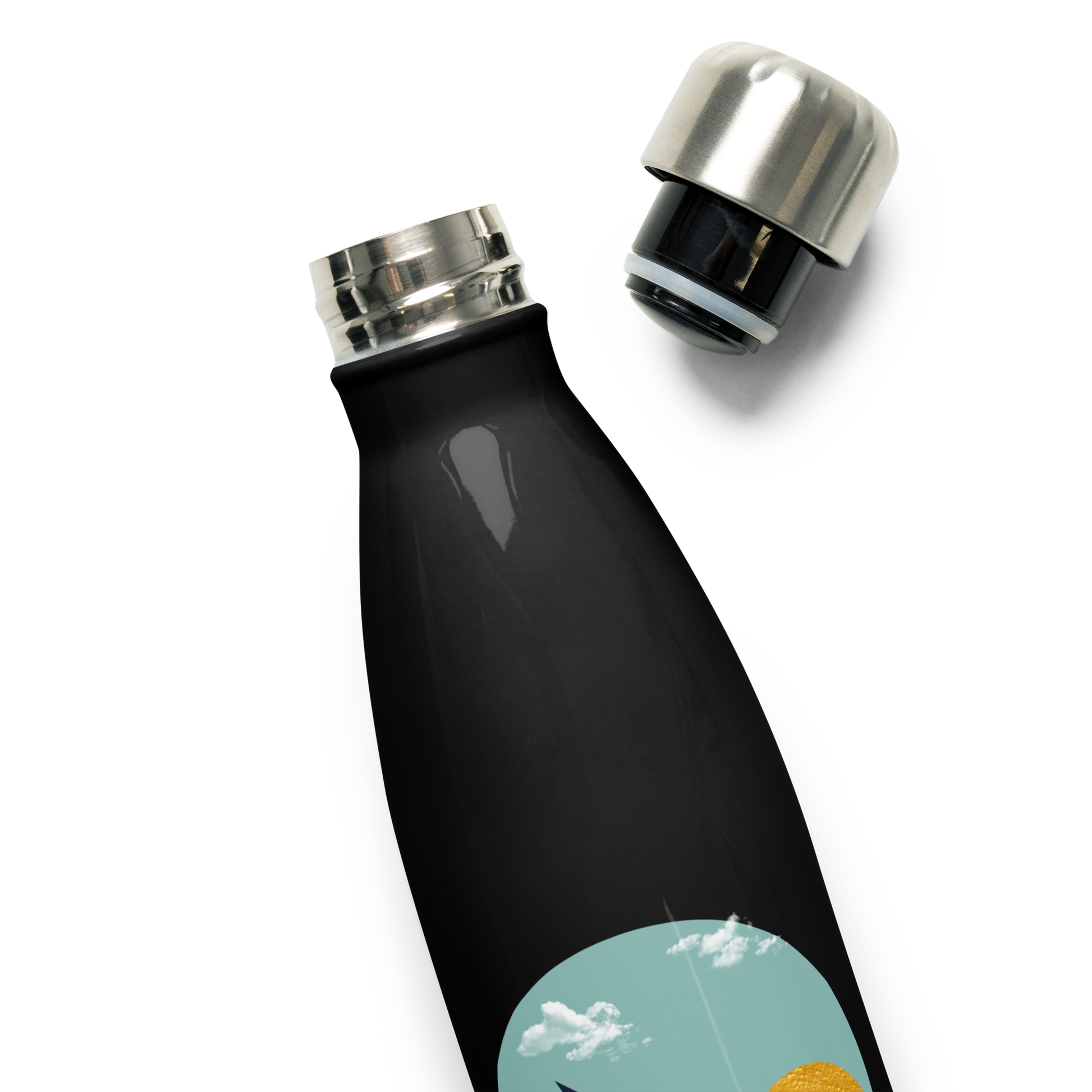 Daring Sunset stainless steel water bottle with cap removed, showcasing sleek design and leak-proof feature.