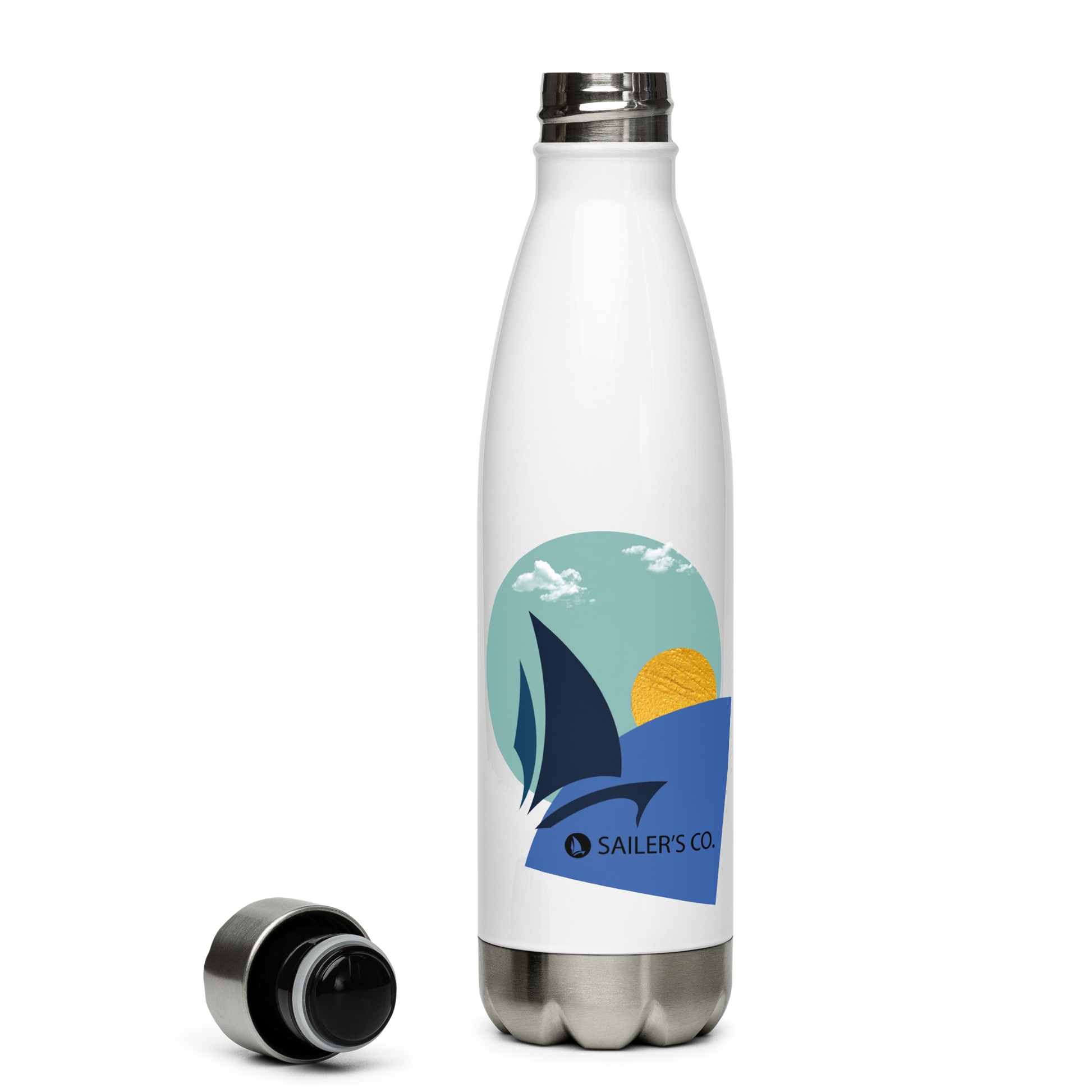 Daring Sunset stainless steel water bottle with vibrant sailboat design, ideal for gym or hike.