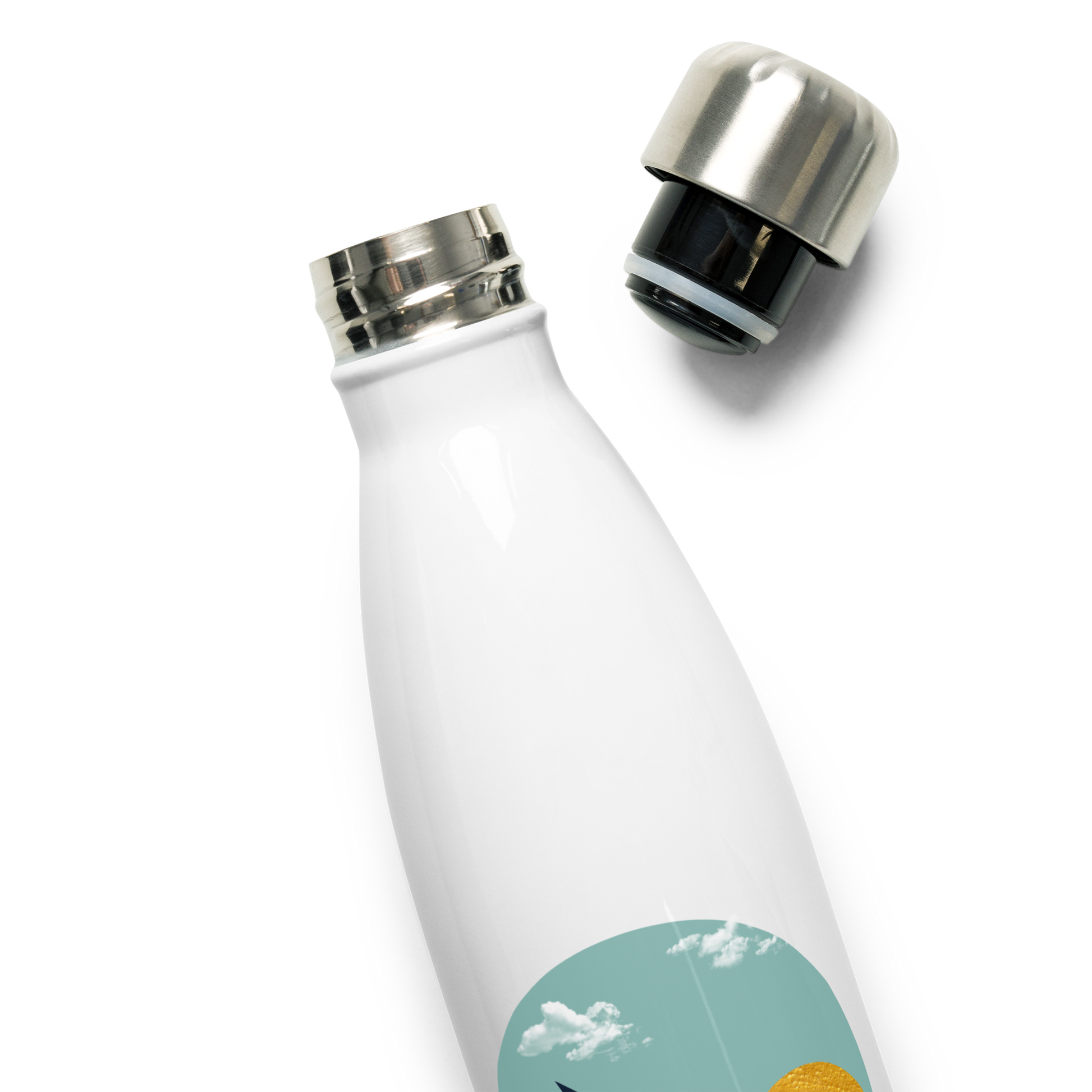 Daring Sunset stainless steel water bottle with vibrant sailboat design, ideal for gym or hike.