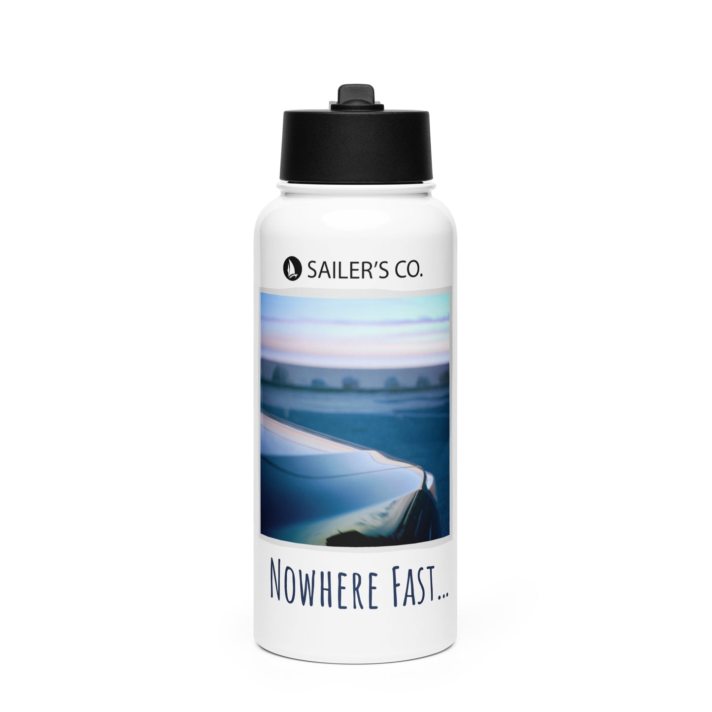 Sailer’s Co. stainless steel water bottle with 'Nowhere Fast...' design, ideal for hydration during adventures.