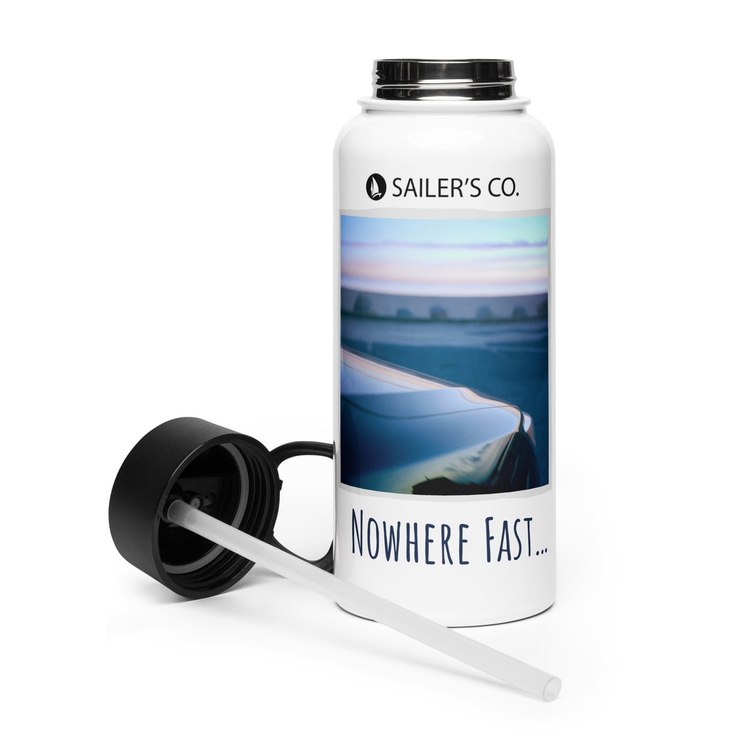 No Limits Nowhere Fast stainless steel water bottle with wide-mouth straw and black lid, perfect for hydration on the go.