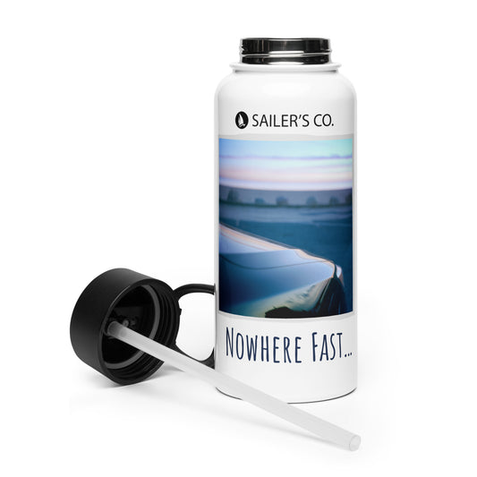 No Limits Nowhere Fast stainless steel water bottle with wide-mouth straw and black lid, perfect for hydration on the go.