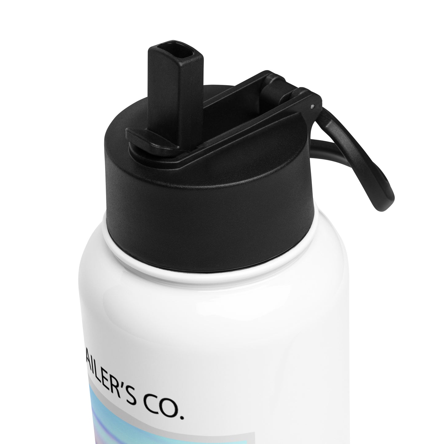 Close-up of a black plastic lid on a stainless steel water bottle with a foldable straw for easy sipping.