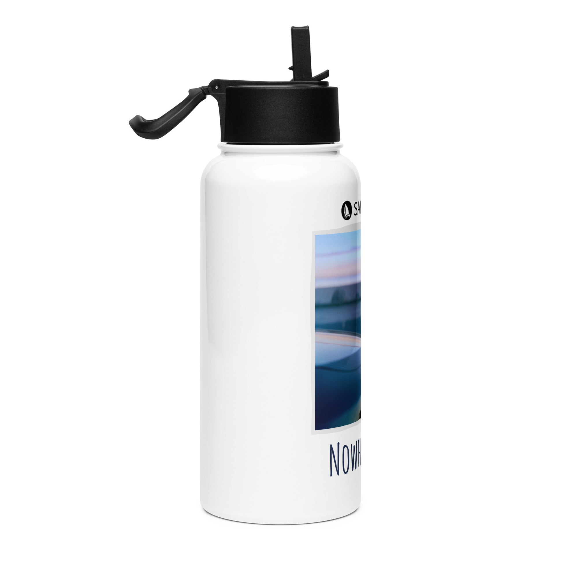 No Limits Nowhere Fast stainless steel water bottle with wide-mouth straw and rotating handle for hydration.