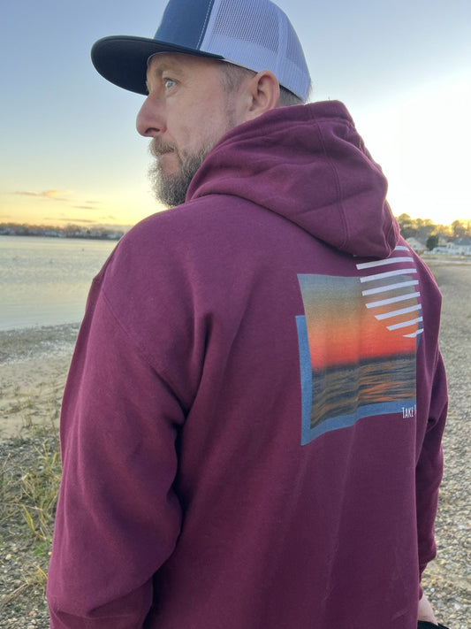 No Limits Take The Leap Fleece Premium Hoodie in Maroon, side view worn with a trucker cap (real photo)