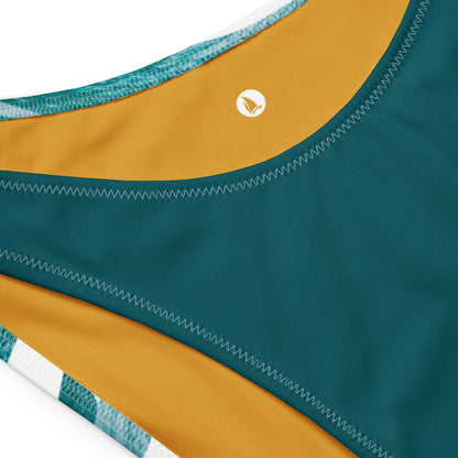 Inspired Fearless Bandeau Top and Bottom Bikini in blue, close-up detail of fabric and stitching