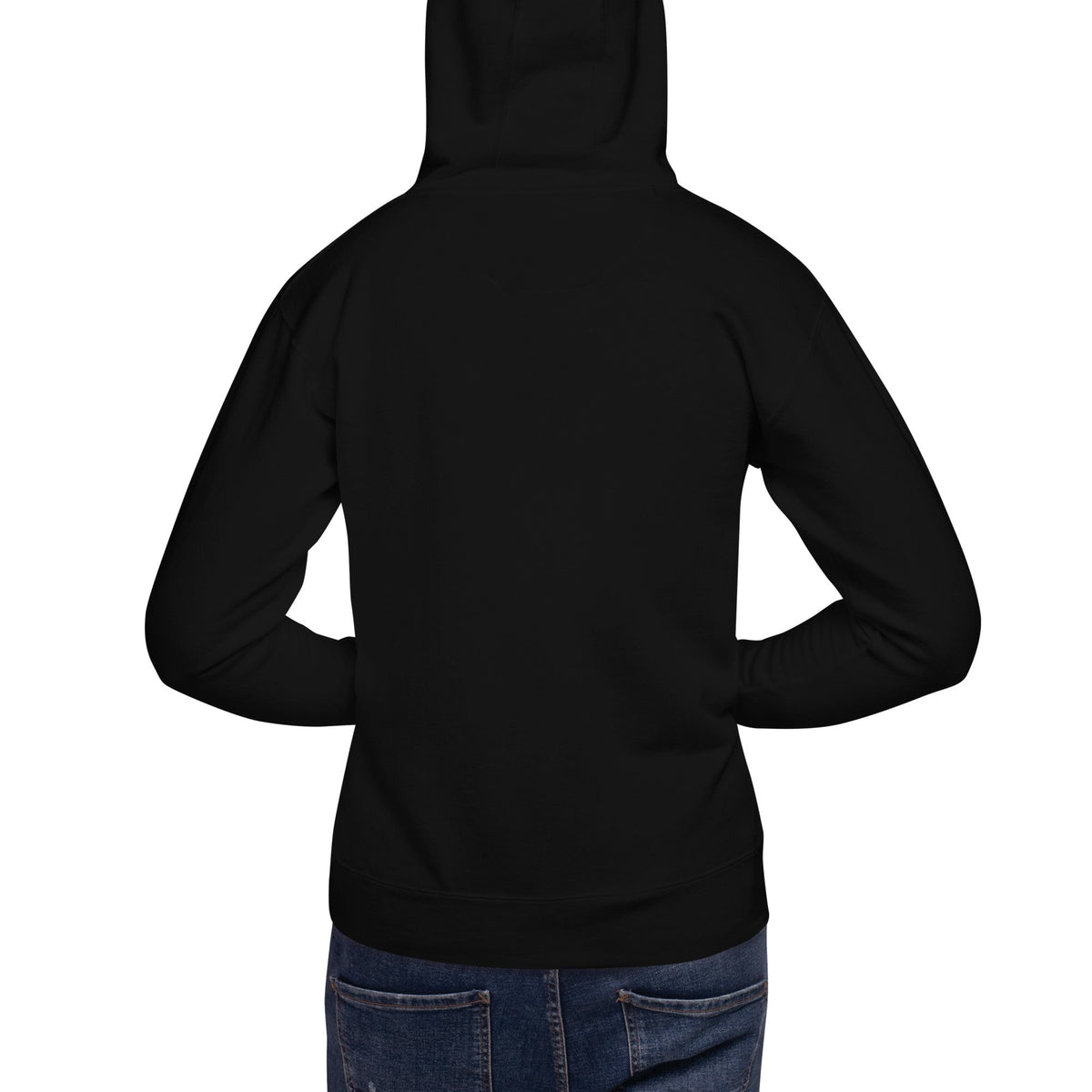 Après Ski Premium Fleece Hoodie in Black, men's back view on model