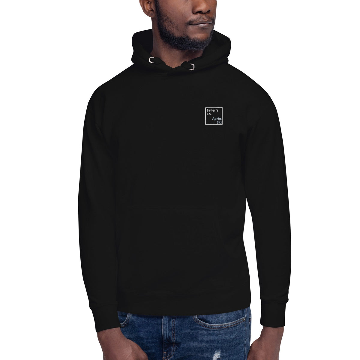Après Ski Premium Fleece Hoodie in Black, men's front view on model
