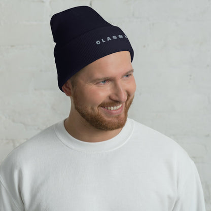 Classic Cuffed Beanie in Navy, worn on model