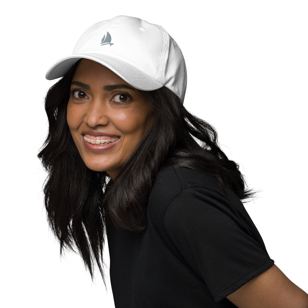 Classic Dad Hat in White, front view on model