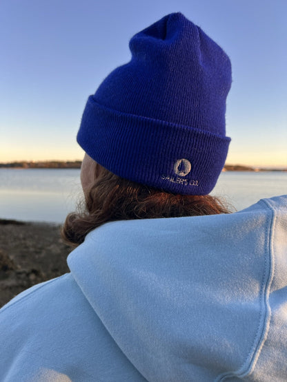 Classic Cuffed Beanie in Royal Blue, back logo close-up (real photo)
