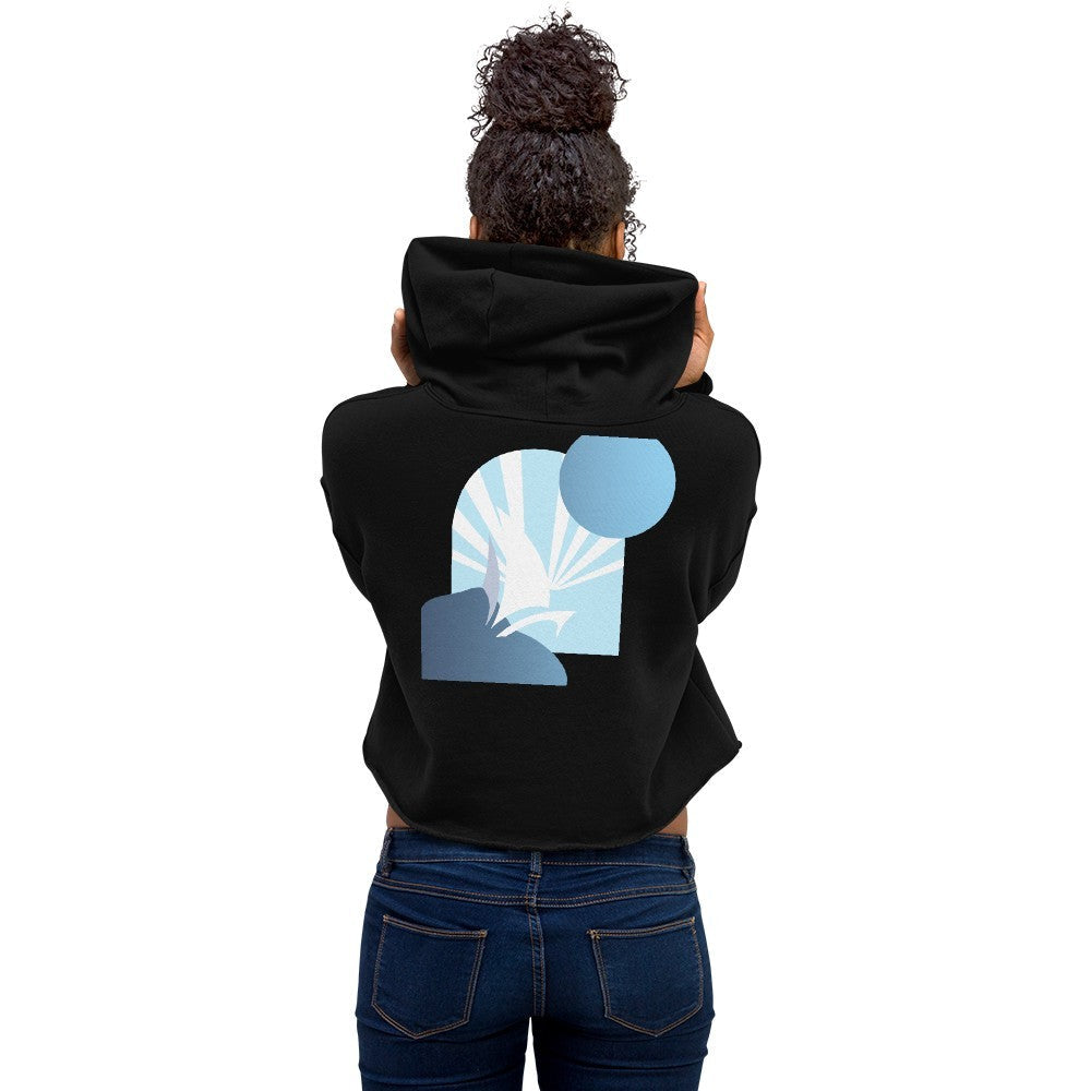 Daring Blues Crop Hoodie in Black, women's back view on model