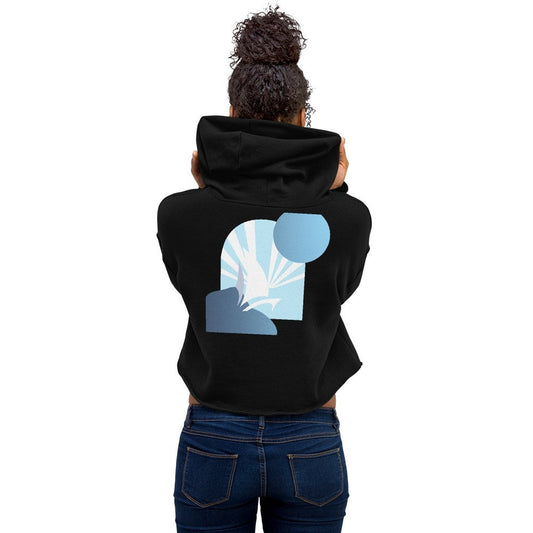 Daring Blues Crop Hoodie in Black, women's back view on model