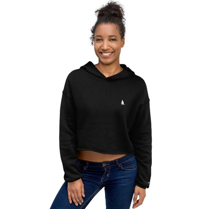 Daring Blues Crop Hoodie in Black, women's front view on model