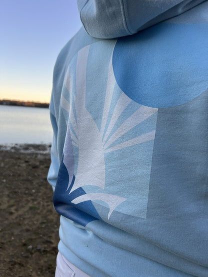 Daring Blues Fleece Premium Hoodie in Sky Blue, back design detail (real photo)