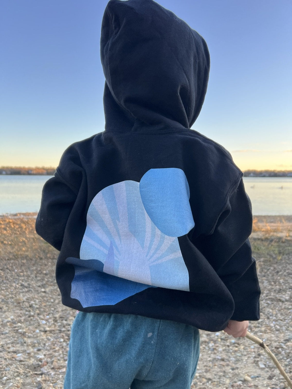 Daring Blues Kids Fleece Hoodie in Black, back view close-up (real photo)