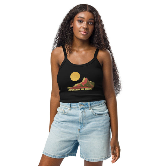 Daring Red Green Mountains Crop Tank Top in Solid Black Blend, front view on model