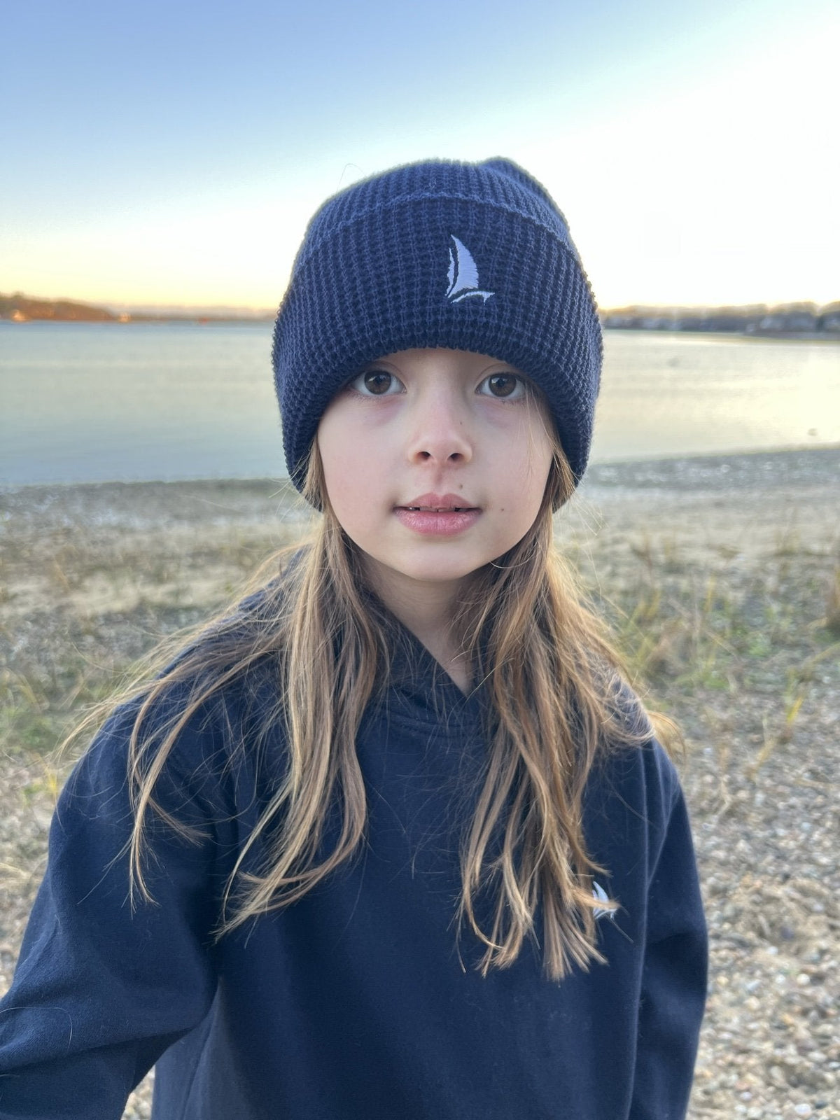 Classic Waffle Beanie in Navy, front view (real photo)