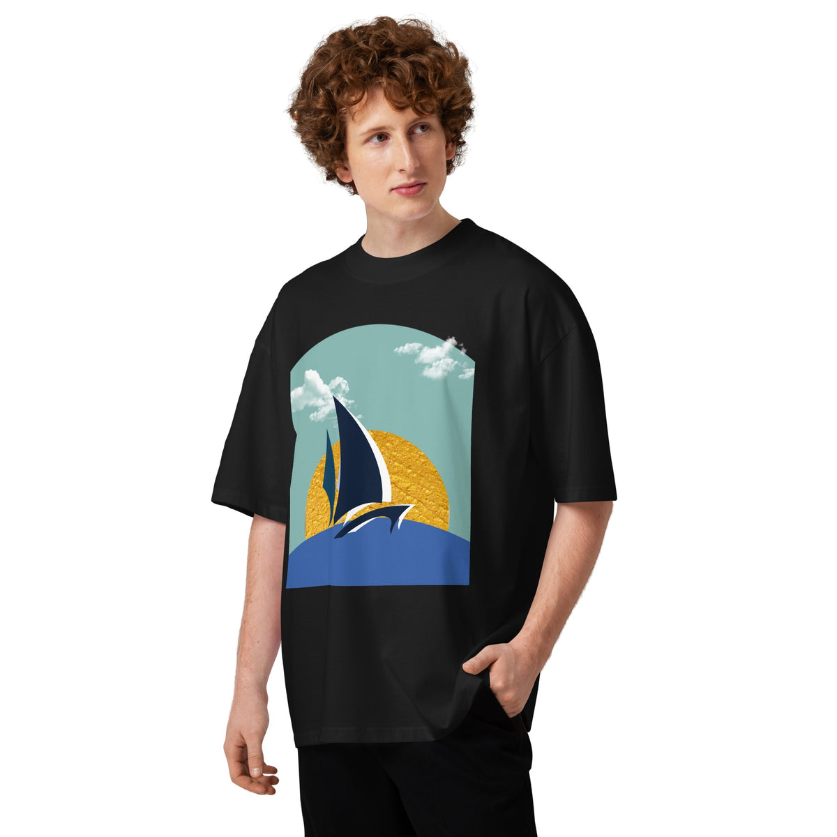 Daring Sunset Oversized T-Shirt in Black, men's front view on model