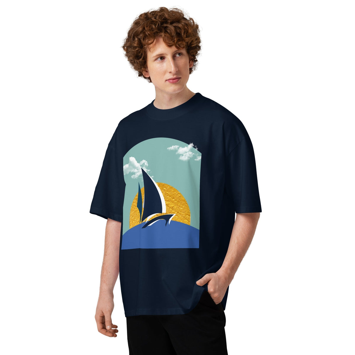 Daring Sunset Oversized T-Shirt in French Navy, men's front view on model