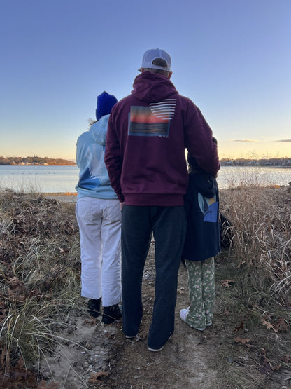 No Limits Take The Leap Fleece Premium Hoodie in Maroon, back view at the lake with family (real photo)