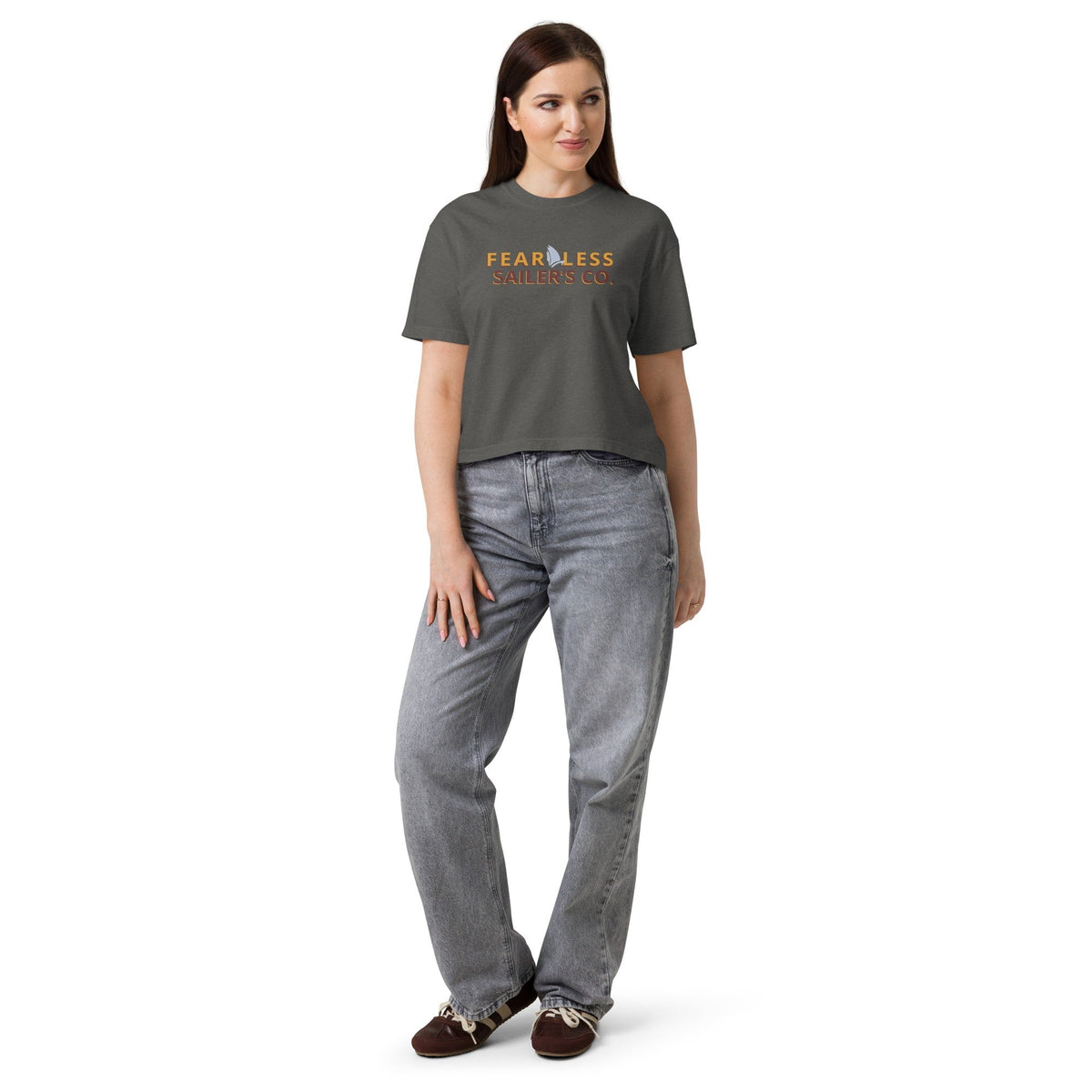 Inspired Fearless Boxy Tee in Pepper, women's front view on model