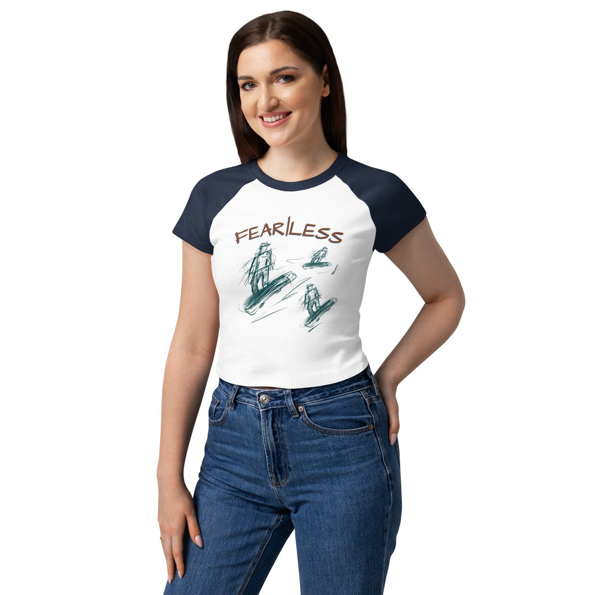 Inspired FearLess Cruise Baby Tee in White/Navy, women's front view on model
