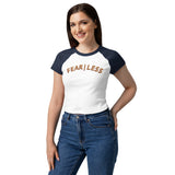 Inspired Fearless Sailer Baby Tee in White/Navy, women's front view on model