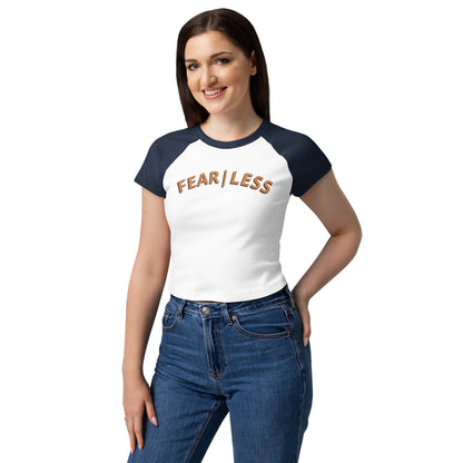 Inspired Fearless Sailer Baby Tee in White/Navy, women's front view on model