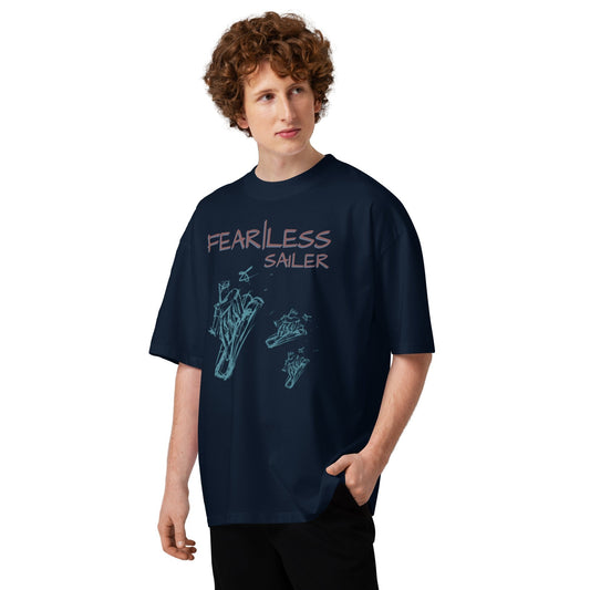 Inspired Fearless Sailer Shred Organic Oversized Tee in French Navy, men's front view on model