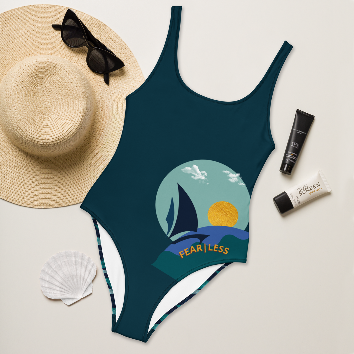 Inspired Fearless One-Piece Swimsuit Night, flat lay, front view