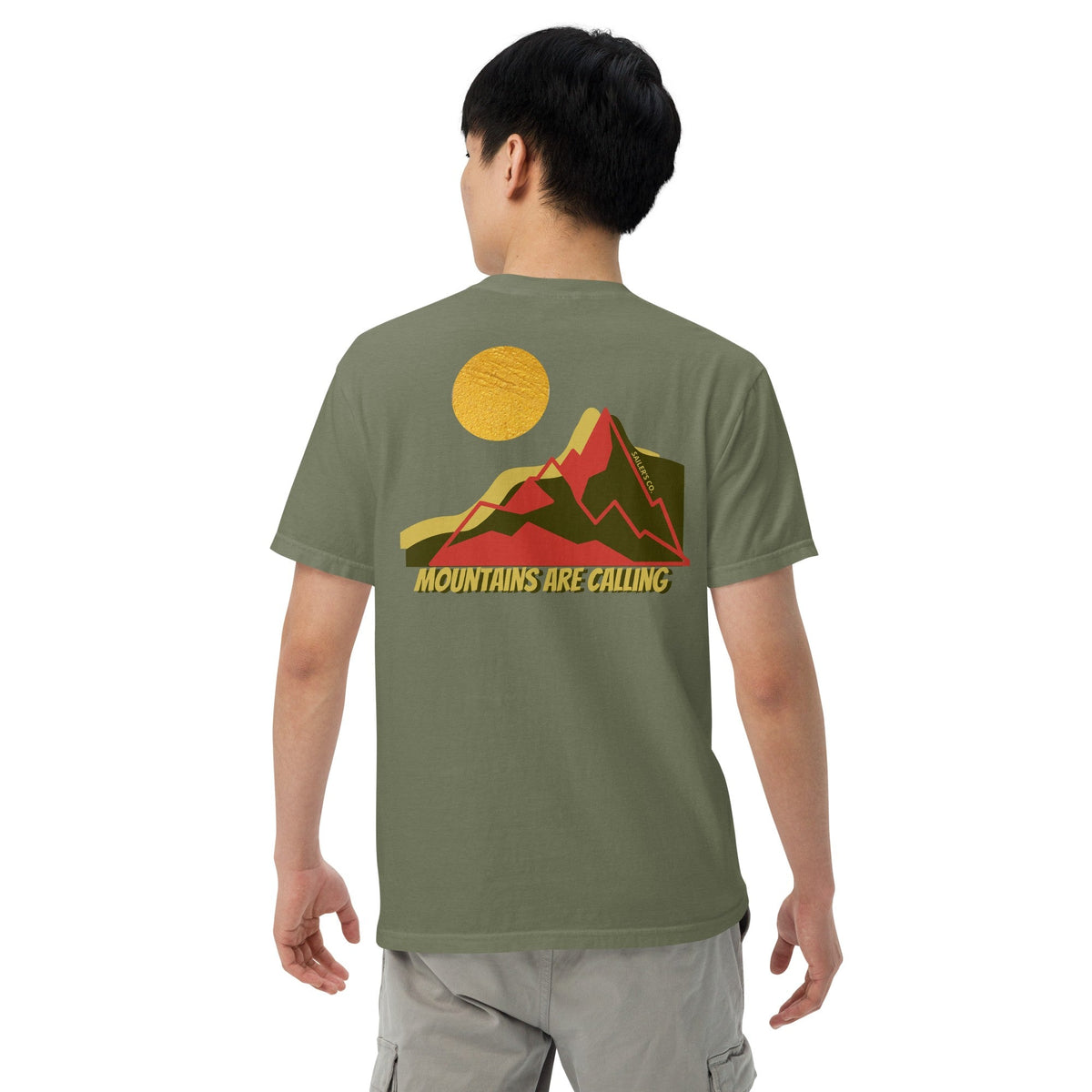 Daring Red Mountains T-Shirt in Moss, men's back view on model