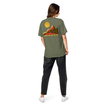 Daring Red Mountains T-Shirt in Moss, women's back view on model