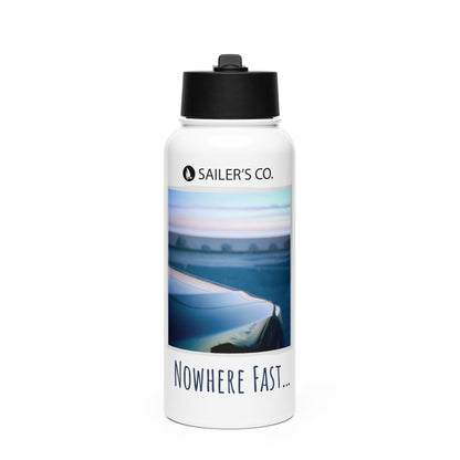 Sailer’s Co. stainless steel water bottle with 'Nowhere Fast...' design, ideal for hydration during adventures.