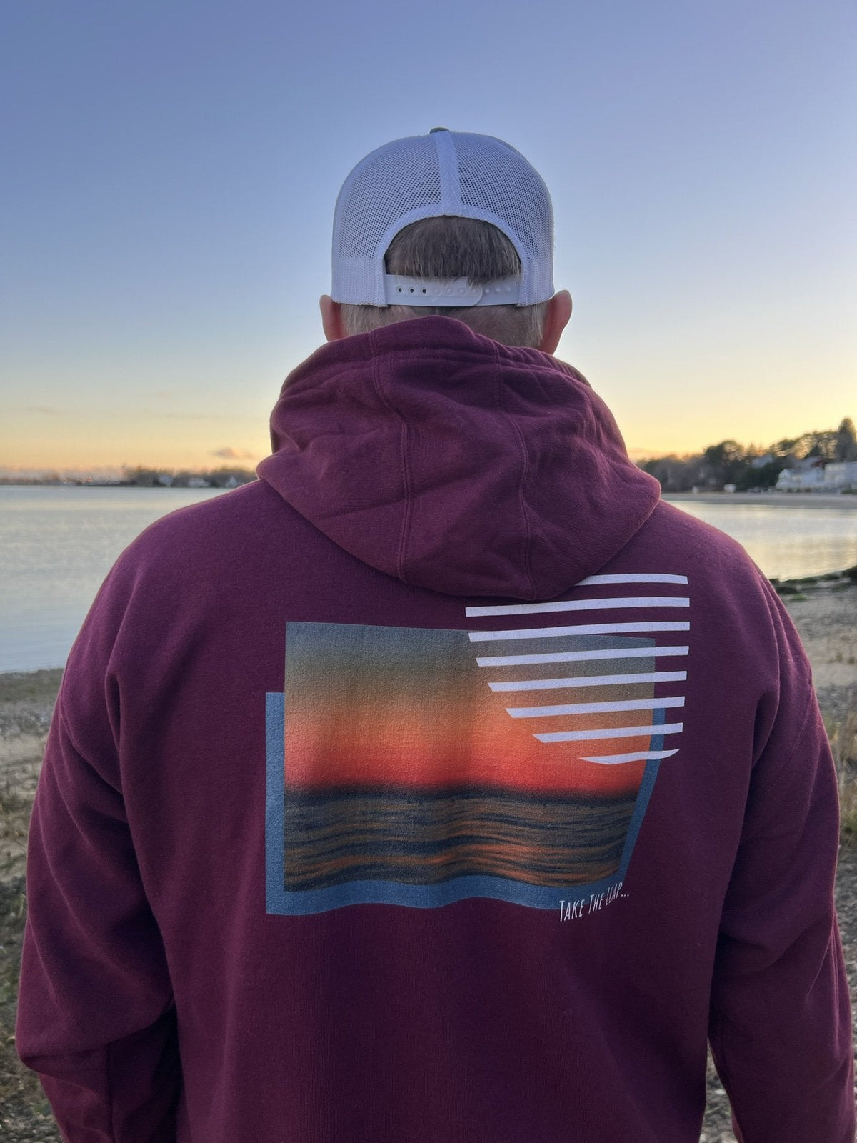 No Limits Take The Leap Fleece Premium Hoodie in Maroon, back view on the beach (real photo)