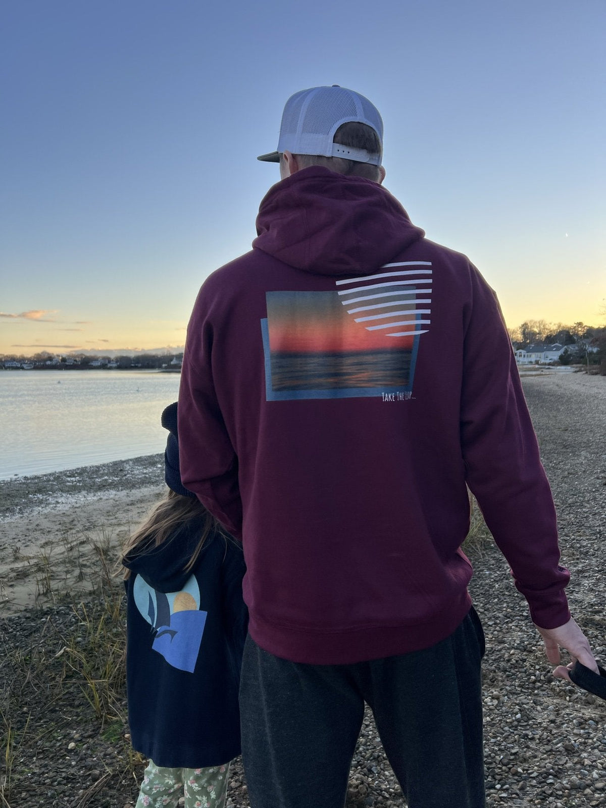 No Limits Take The Leap Fleece Premium Hoodie in Maroon, back view walking the beach (real photo)