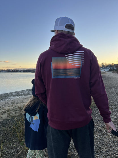 No Limits Take The Leap Fleece Premium Hoodie in Maroon, back view walking the beach (real photo)