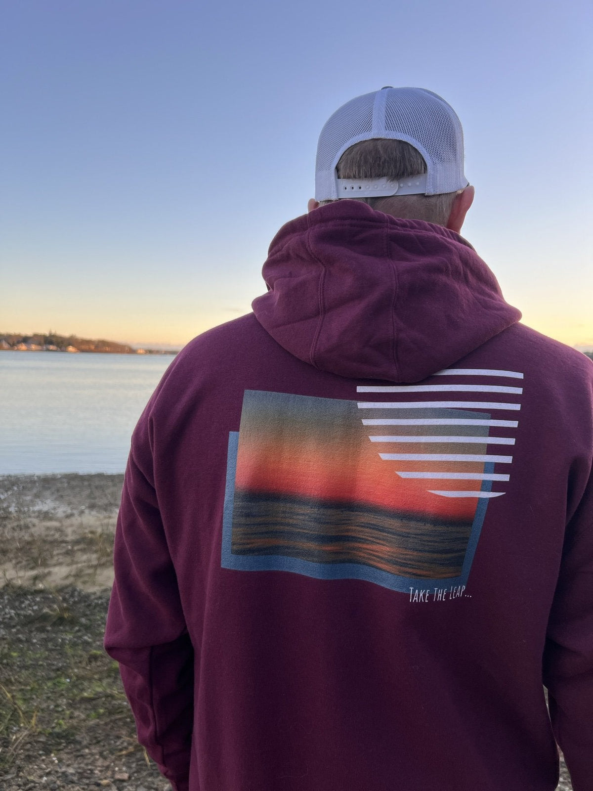 No Limits Take The Leap Fleece Premium Hoodie in Maroon, back view at the lake (real photo)