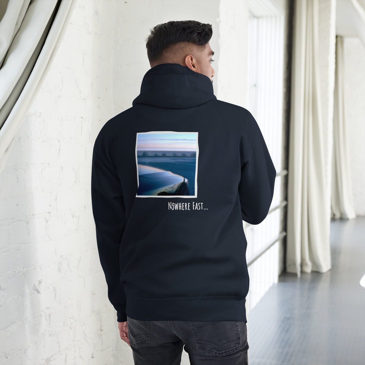 No Limits Nowhere Fast Fleece Premium Hoodie in Navy Blazer, back view on model